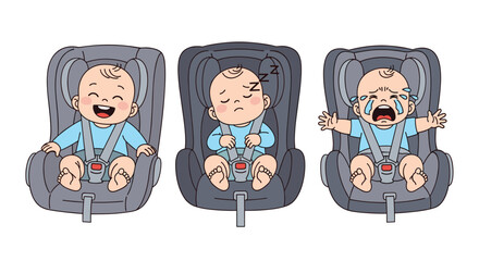 Young baby shows a range of common emotions including happy laughter, peaceful sleep, and crying while sitting in a car seat.