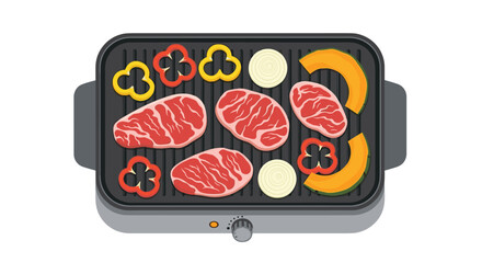 Top down view of steak pieces, bell peppers, onions, and pumpkin slices cooking on an electric indoor griddle plate.