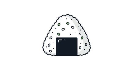 Simple illustration of a triangular japanese onigiri rice ball with a seaweed wrap and seasoning grains on top.