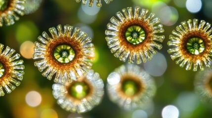 Microscopic view of complex circular biological organisms with radial patterns in vibrant green and gold colors
