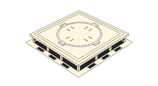 Isometric view of a traditional sumo wrestling ring or dohyo made of clay with its circular border and square base.