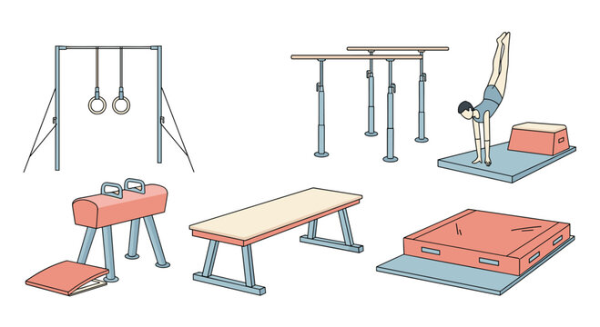 Collection of various gymnastics equipment including rings, parallel bars, pommel horse, balance beam, and mats for sports.
