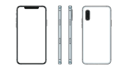Multiple views of modern smartphone including front screen side profiles and back camera setup in clean illustration.