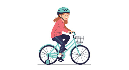 Fototapeta premium Happy young girl wearing safety helmet riding blue bicycle with training wheels and front basket on white background.