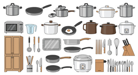Extensive collection of kitchenware including pots pans microwave oven utensils and cabinets for cooking and storage.