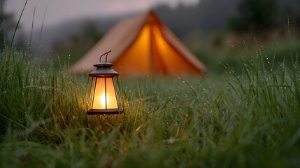 Vintage lantern glows warmly on dewy grass near a lit tent at twilight