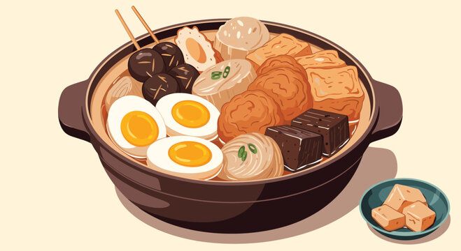 Traditional japanese oden stew in ceramic pot featuring eggs daikon radish fish cakes and konjac for winter comfort.