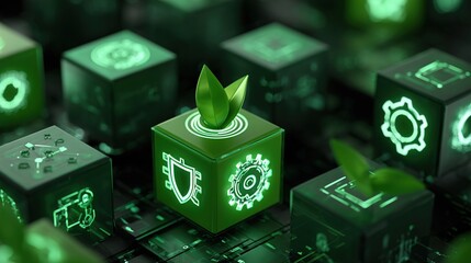 Green Technology and Sustainable Innovation Concept with Eco Icons in 3D Cubes