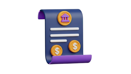 3D icon of financial document with bank and dollar coins on transparent background