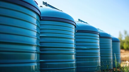 Large blue industrial water storage tanks mounted on transportable frames outdoors under a clear sky