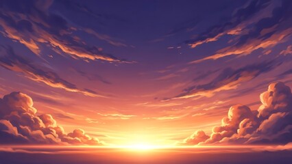 A captivating anime sunset with dramatic clouds and golden light rays over a vast horizon