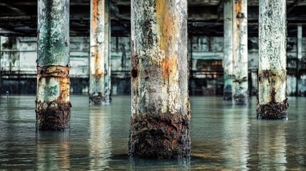 Weathered wooden pilings covered in decay stand in water at an old maritime structure