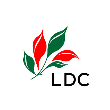 Modern Nature Inspired Logo with Red and Green Leaves, LDC Later Logo, Abstract Botanical Logo with Elegant Typography 

