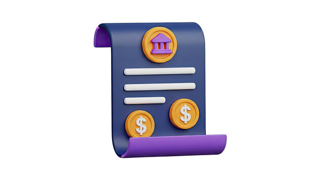 3D icon of financial document with bank and dollar coins on transparent background