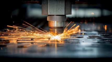Close-up of a machine precisely cutting metal, creating sparks and molten material in a manufacturing environment