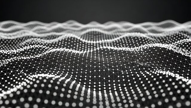 Dynamic abstract visualization of undulating digital particles forming a wave-like structure, representing data flow, technological connectivity, and the intricate network of information