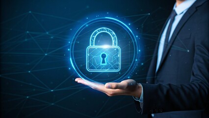Businessman presents a glowing digital padlock icon above his open palm representing concept of advanced data security and online network protection services
