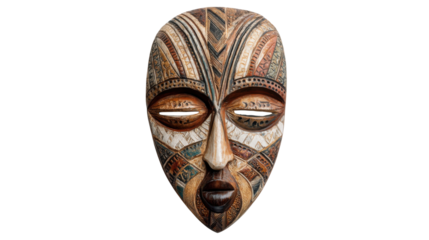 African tribal mask showing craftsmanship, cultural heritage, ritual art, and traditional decoration on transparent background