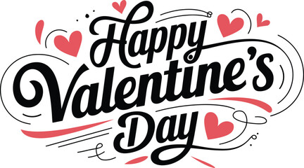 Happy Valentine's Day Hand Drawn Typography Vector with Decorative Hearts