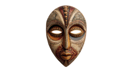 African tribal mask showing carved wood texture and ornate patterns, representing ancient culture and tradition on transparent background