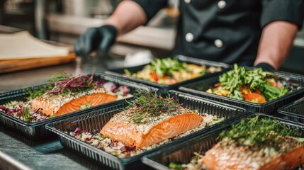 Close-up of multiple black containers filled with prepared salmon dishes and colorful garnishes. A chef's hands reach for the meals