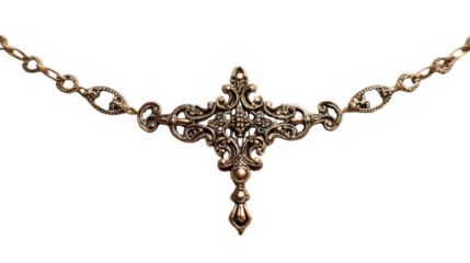 Vintage golden necklace with antique ornamental pendant, elegant fashion accessory displaying intricate scrollwork, transparent background