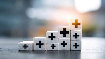 Healthcare and Medical Support Concept with Wooden Blocks and Cross Symbols