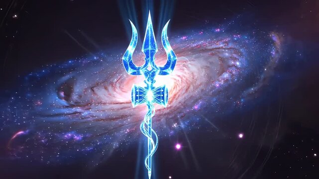 Blue crystal Shiva trident or trishula with galaxy nebula stars and cosmic light rays