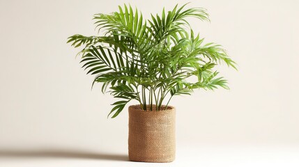 Fototapeta premium A vibrant indoor palm plant in a woven burlap pot against a soft beige backdrop. The leaves are lush and healthy