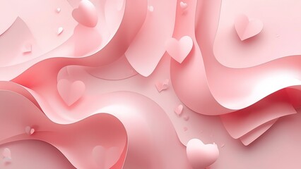 A delicate pink background with flowing paper shapes and small hearts