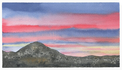 Watercolor painted mountains on sunset. Hand painted watercolor silhouettes of mountain