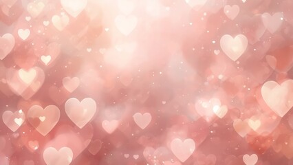 A soft pink background with numerous small hearts and a bright light shining through