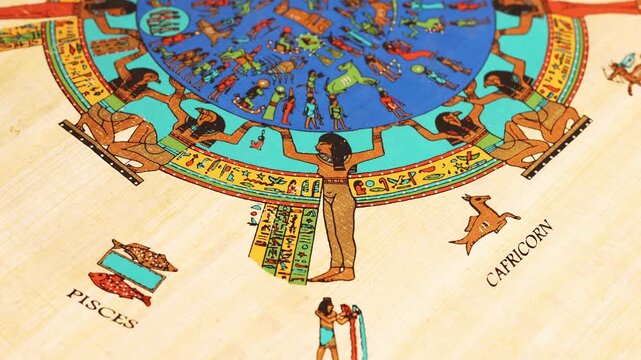 Egyptian zodiac papyrus with Pisces, Capricorn, Aquarius signs, goddess Nut stretching across sky, colorful ancient astrological chart, hieroglyphs, traditional art, cultural artifact. Dendera Temple 