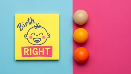 Creative representation of birth with eggs and a vibrant sign on a colorful background symbolizing new life and fertility concepts in a playful manner for various uses.