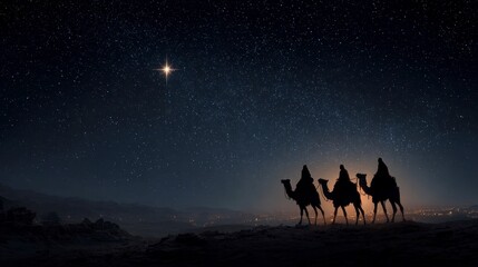 Silhouetted figures on camels travel toward a bright star in a dark, starry night sky above a distant city