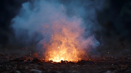 A dramatic burst of fire and smoke with glowing embers illuminates the dark outdoor environment creating a mesmerizing primal spectacle