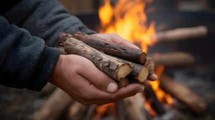 Hands holding dry firewood logs ready to fuel a bright crackling outdoor campfire