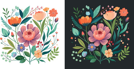 A vibrant dual illustration of a lush garden floral bouquet arrangement on contrasting light and dark backgrounds.