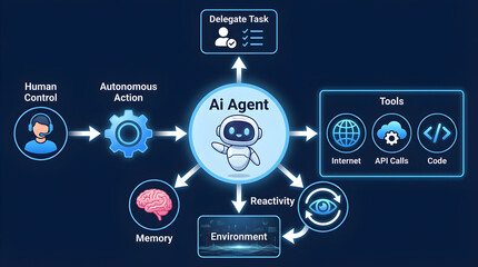 Infographic Diagram Explaining AI Agent Architecture Components and Workflow
