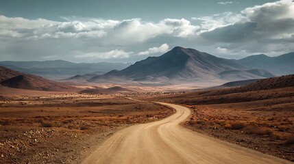 A winding dirt road stretches through a vast, arid landscape with distant mountains under a cloudy sky, inviting adventure and exploration of the open terrain.
