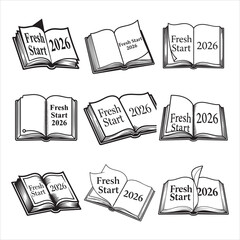 Outline style open book Fresh Start 2026 vector art