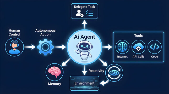 Infographic Diagram Explaining AI Agent Architecture Components and Workflow
