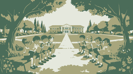 Young students are diligently reading books on benches in front of a grand school building