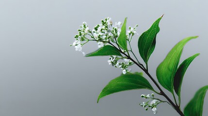 An elegant sprig of flowe plant with vibrant green leaves and tiny white blossoms gently reaches out against a soft grey gradient background in sptime beauty.