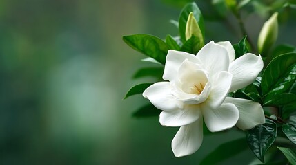 Obraz premium An exquisite white gardenia bloom unfurls its delicate petals, enhanced by soft, natural light and vibrant green foliage against an elegant, blurred backdrop.