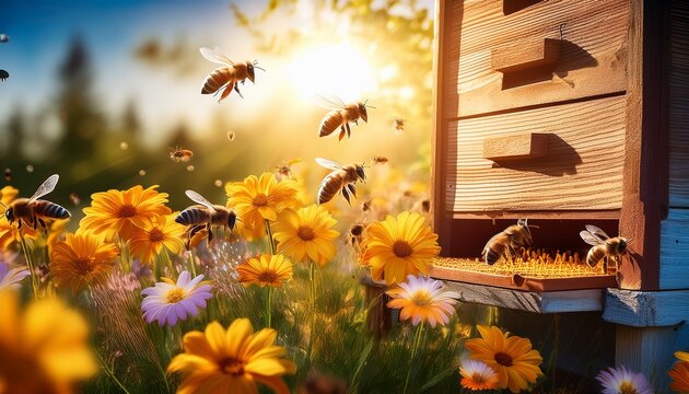 honeybees fly near flowers beside a wooden beehive on a sunny day ideal for illustrating honey production nature or pollination themes