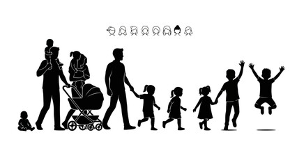 Family silhouette with kids playing