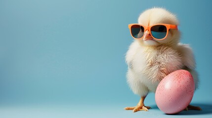 Cute chick with sunglasses and easter egg joyful easter holiday greeting card concept