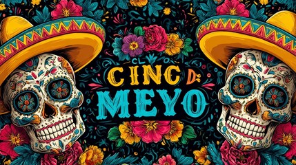 Fototapeta premium Colorful illustration celebrating the Mexican holiday featuring skull imagery adorned with sombrero hats, intricate floral designs, and festive lettering