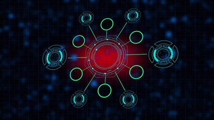 ML machine learning business infographic featuring digital HUD interface icons for artificial intelligence and predictive data analytics on a tech background.

